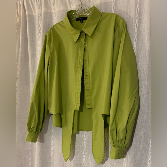 Lulus, Sunny Ties Lime Green Tie-Front Long Sleeve Button-Up Top. Sz. L - Picture 9 of 15